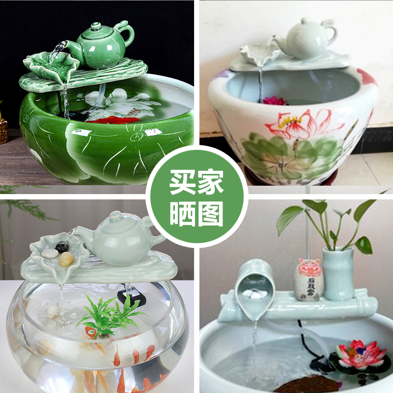 小鱼缸过滤增氧流水器陶瓷圆形装饰水景搭配小喷泉室内自循环摆件 三维工匠 竹排花瓶-墨绿色(小号)高清大图
