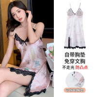 吊带睡衣女夏冰丝纯欲性感睡裙女款带胸垫吊带裙薄款袖家居裙子 M【建议身高155-160cm体重80-100斤】 11943