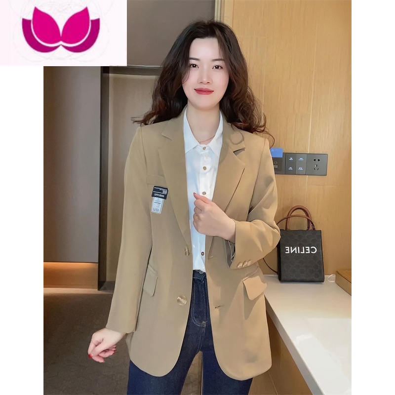 七斓高级时装套装减龄春装时尚复古英伦风西装外套女卷边牛仔裤套 卡其上衣 M建议100-110斤