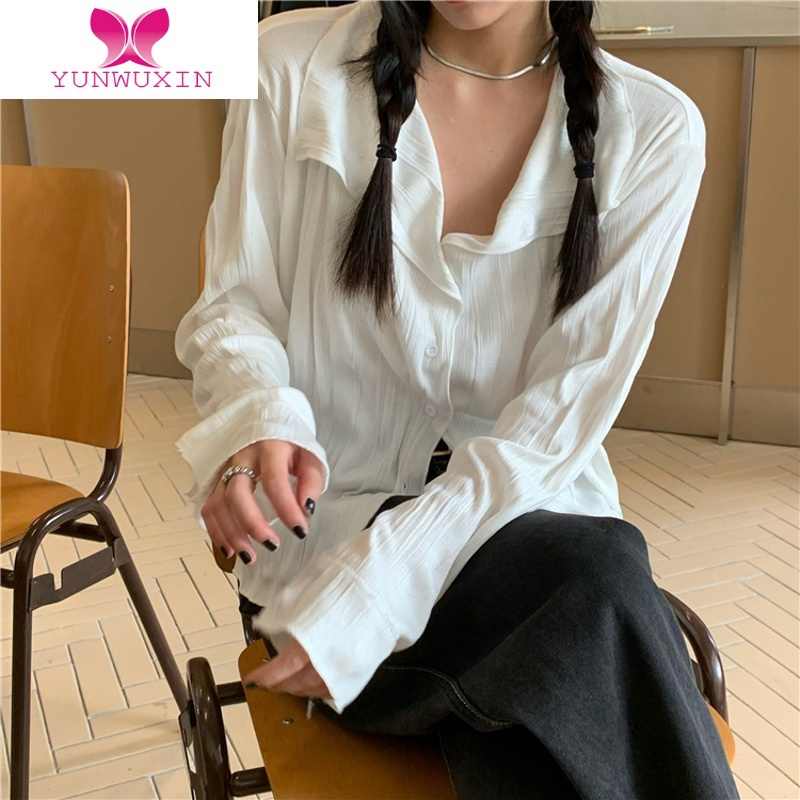 YUNWUXIN2022薄款大码胖mm宽松显瘦防嗮上衣女百搭翻领褶皱长袖衬衫潮