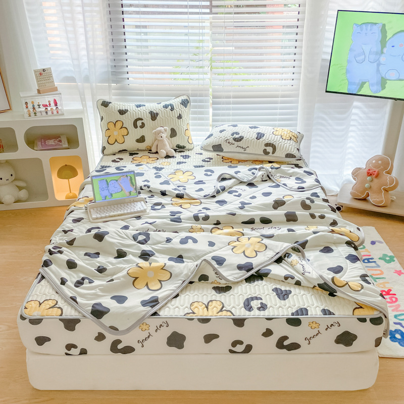 乳胶凉席床笠款夏被四件套乳胶席三件套夏凉被空调被冰丝 床笠款-豹纹 乳胶席200*220cm+枕套2只