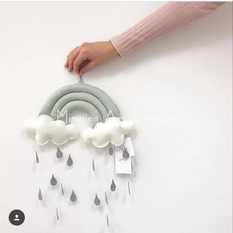 ins北欧彩虹云朵雨滴挂件布艺壁饰床幔帐篷配饰摄影拍照背景装饰 三维工匠 绿色彩虹雨滴挂件30*35cm高清大图