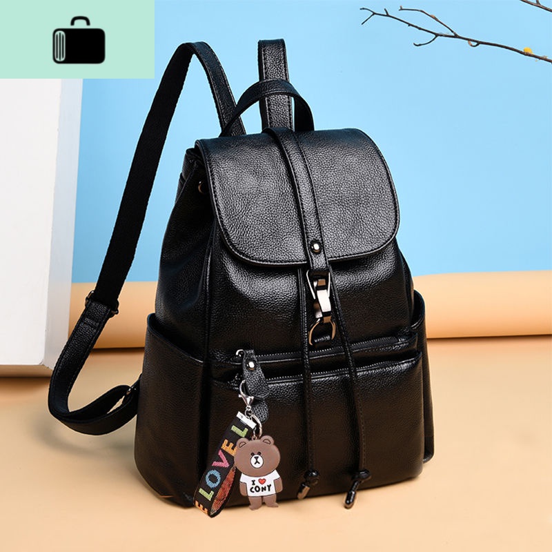 双肩包女士背包女简约潮2020韩版新款旅行包大容量妈咪包百搭女包NEW LAKE 967黑色-配彩带小熊