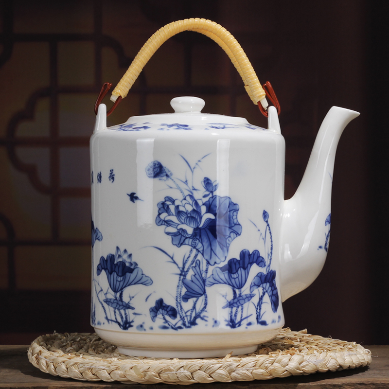 lichen景德镇陶瓷材质水壶提梁壶大容量凉水壶釉下彩青花瓷茶壶水壶侧