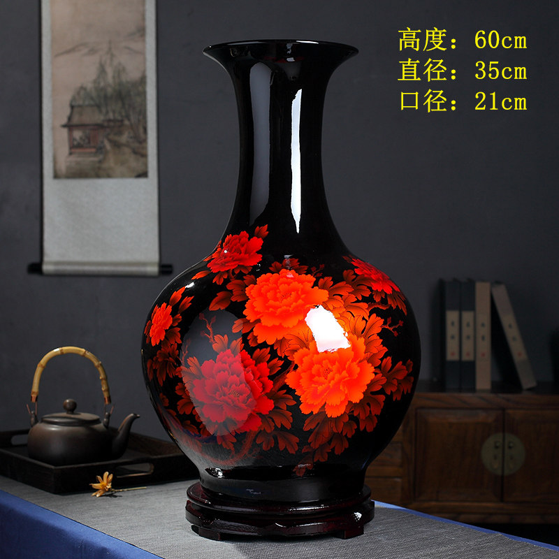 水晶釉陶瓷器落地花瓶摆件中国红色景德镇客厅插花新中式结婚礼品 三维工匠 大号黑国色天香赏瓶+旋转底座高清大图