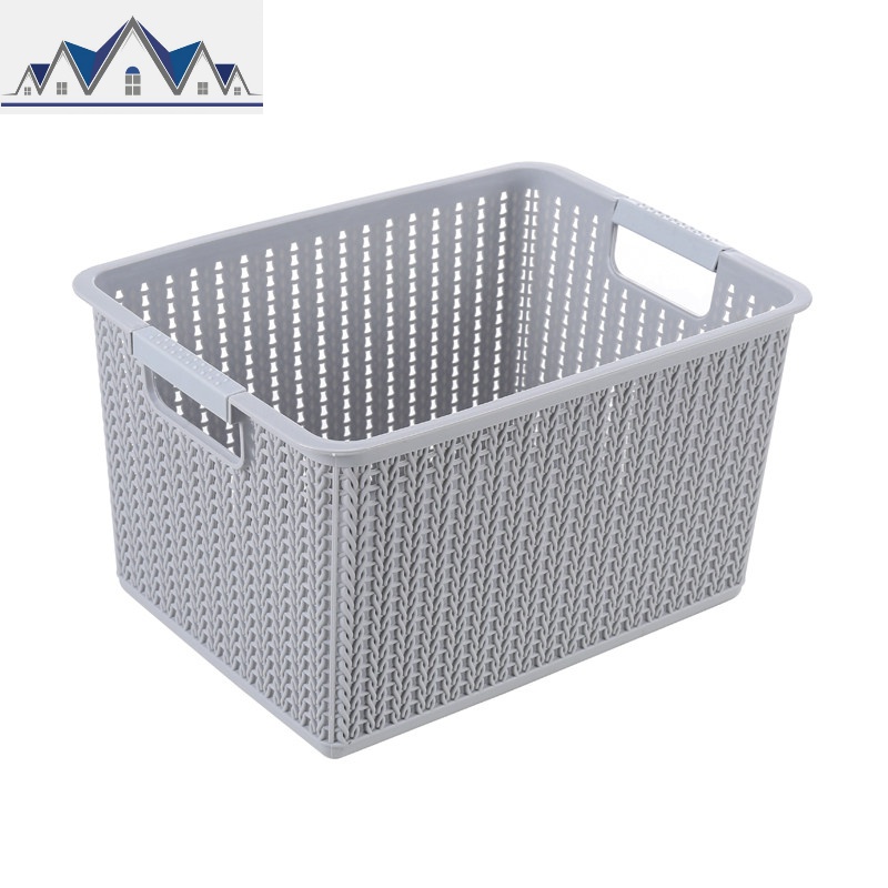 仿藤编塑料收纳箱盒带提手镂空筐零食收纳篮洗澡篮玩具整理箱宿舍 三维工匠 中号-灰色
