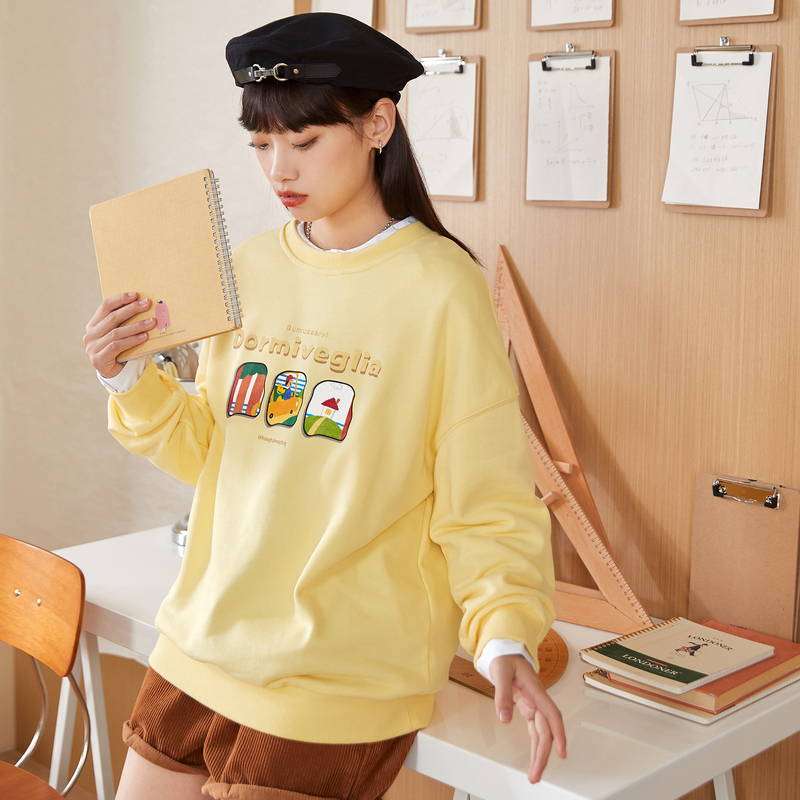 【1折价19元】唐狮秋季新款女卫衣圆领宽松设计感上衣可爱减龄小个子外套 柠檬黄 M