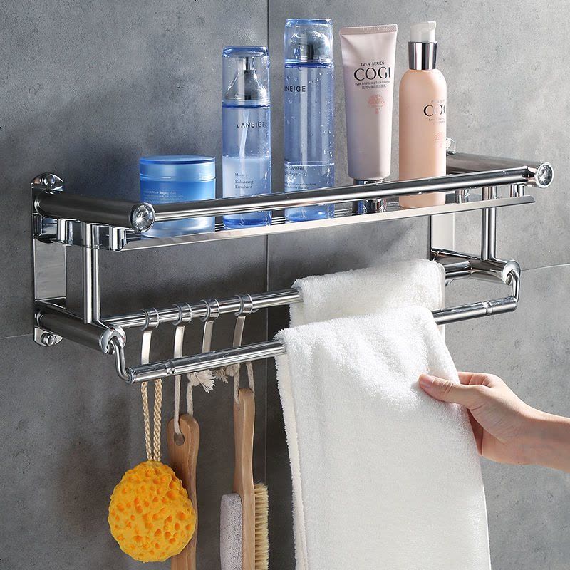 加厚毛巾架免打孔卫生间置物架不锈钢浴室收纳架厕所墙上壁挂件 免打孔+打孔两用(收藏送大礼包) 厚款图片