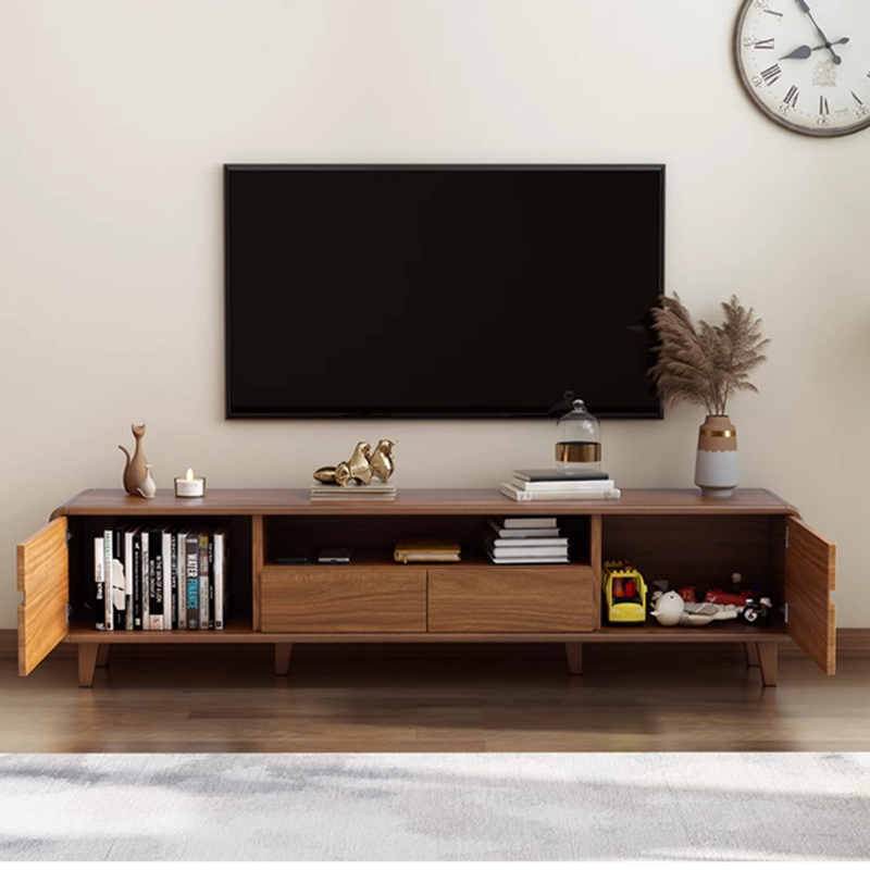 胡桃色电视柜实木框架组合可定制收纳储物新中式小户型客厅落地高清大图