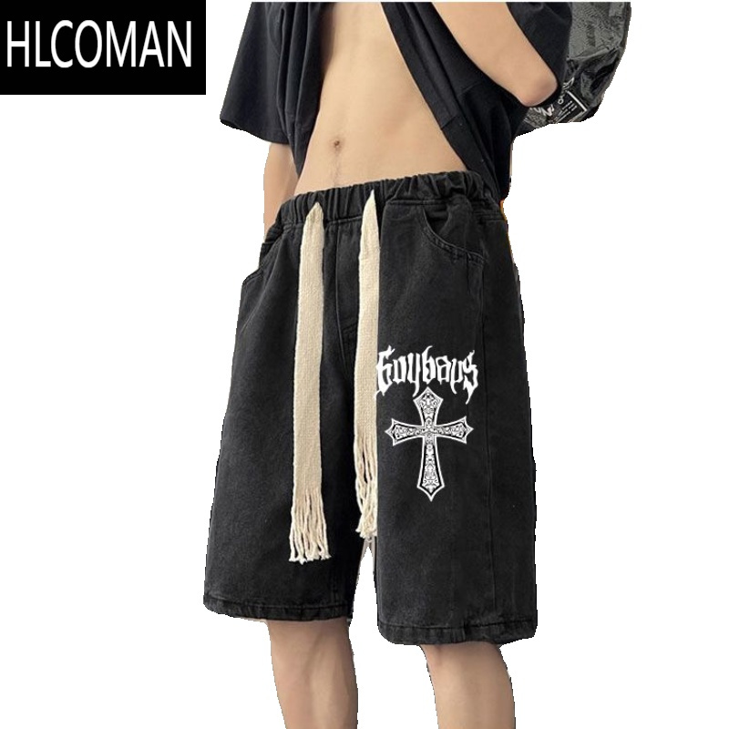 HLCOMAN牛仔短裤男薄款夏季港风街头嘻哈潮流水洗宽松大码中裤休闲五分裤