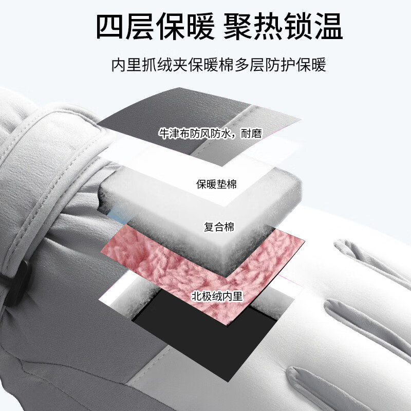 谋福 冬季防泼水防风保暖手套 加厚防滑触屏开车手套滑雪手套 圆标男 黑白色 副高清大图