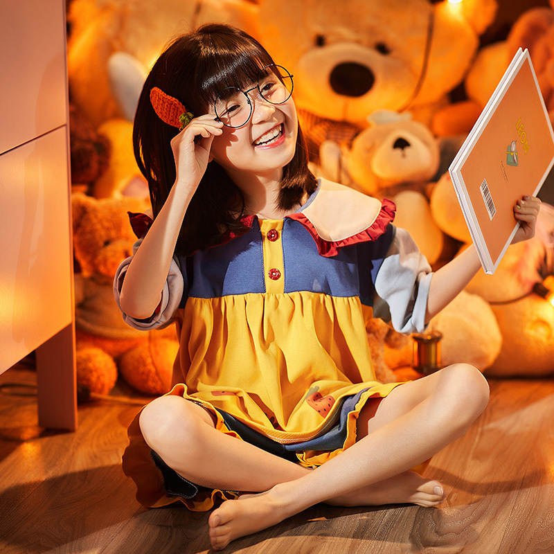 女童睡衣儿童夏季薄款纯棉短袖夏天公主13岁女孩中大童母女家居服视频