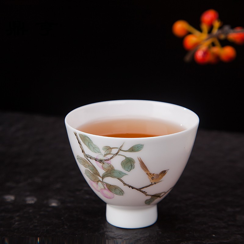 鼎亨景德镇纯手工陶瓷茶具新彩手绘花鸟杯主人杯单杯品茗杯功夫茶