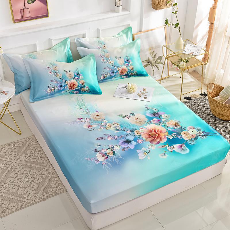 美帮汇冰丝席凉席夏季可水洗折叠空调席软席子床笠款三件套1.5米1.8m床 大版冰丝凉席-莫奈花园蓝 1.8m（6英尺）床