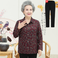 迪鲁奥（DILUAO)奶奶装秋装老年人女装春秋款衬衫长袖妈妈宽松60-70岁老太太上衣外套 XL建议90-105斤 红色(上衣+裤子)