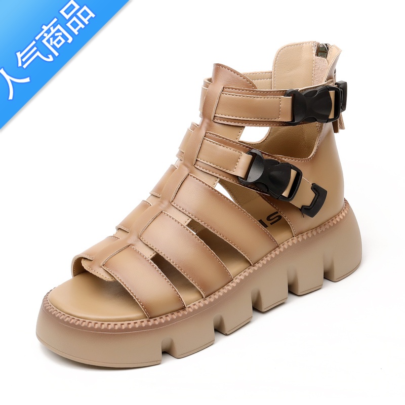 SUNTEK凉鞋女2023夏季新款松糕鞋百搭镂空厚底罗马鞋女露趾大码4142 卡其色 36