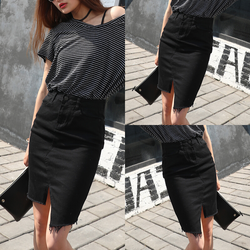 黑色牛仔裙半身裙夏季女2018新款一步中长款不规则高腰开叉包臀裙黑色