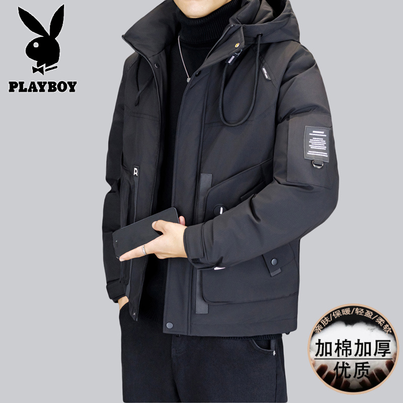 花花公子新款高品质冬季新款户外帅气防寒服三防连帽加厚羽绒棉男装夹克外套_32高清大图