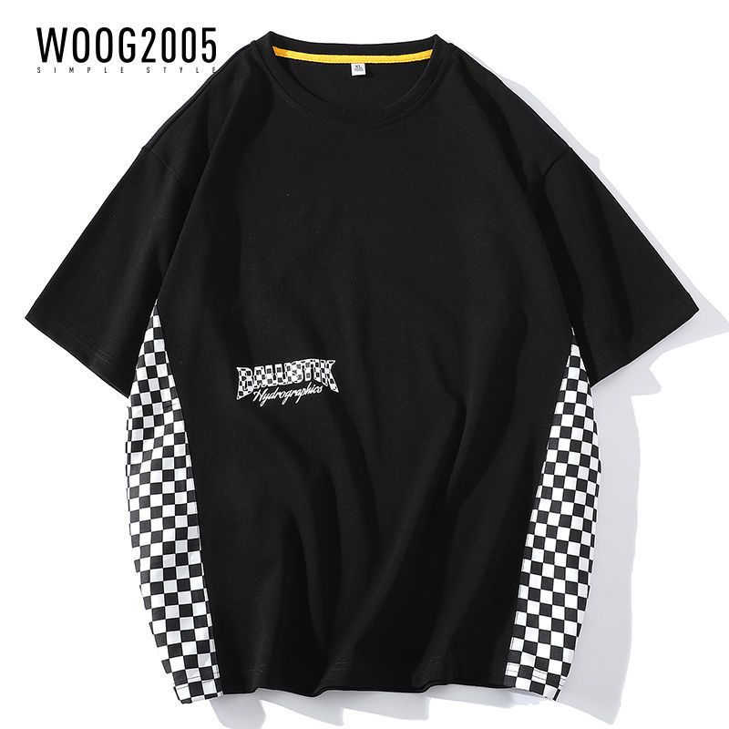 WOOG2005 短袖T恤男拼接棋盘格运动情侣上衣字母印花潮流简约男装