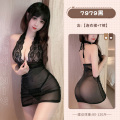 霏慕性感情趣内衣透视蕾丝珠光挂脖包臀睡裙短裙7979床上女式情趣睡衣紧身包臀裙夜店装制服女士成人用品 均码 7979黑【连衣裙-T裤】