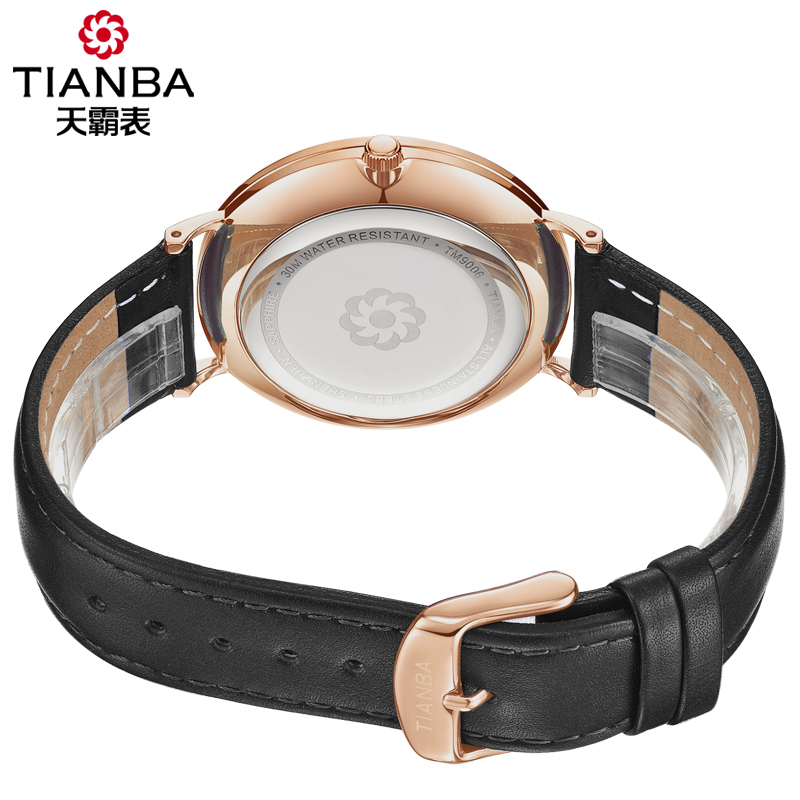 天霸(TIANBA)光彩系列光能太阳能进口机芯时尚商务休闲腕表国产品牌女士皮带简约光能表TL9006.01PK黑色