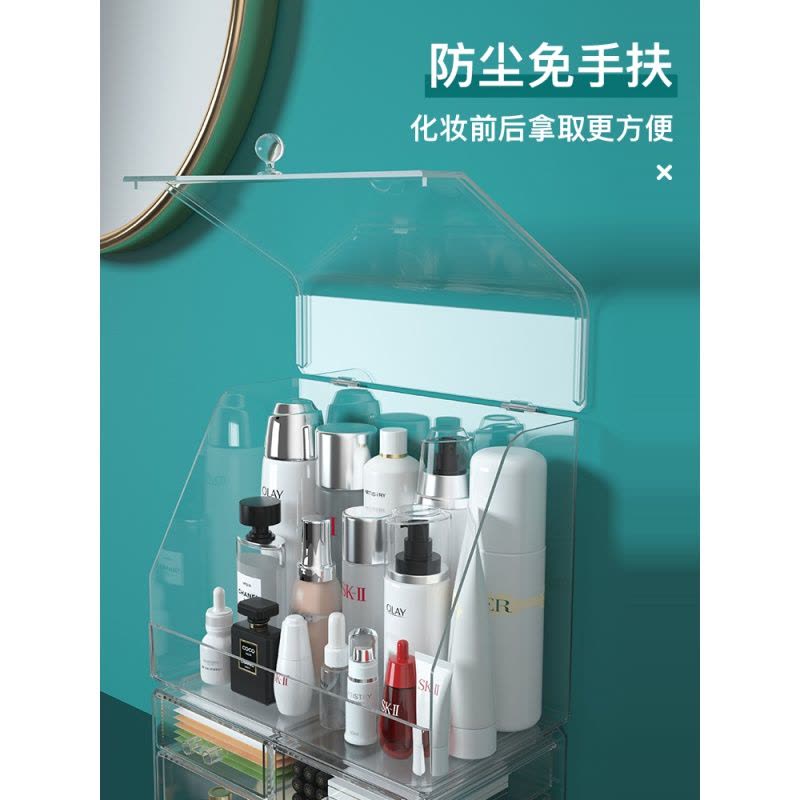 梳妆台化妆架化妆品口红护肤品收纳盒子化妆盒防尘桌面收纳置物架 透明白[抽屉款]+[大平顶][加大一体款]图片