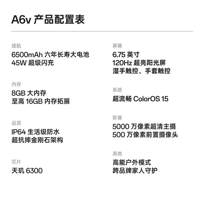 [全新]OPPO A6v 8GB+256GB 钛岩紫 6500mAh大电池 5000W超清影像 天玑6300芯 IP64高清大图