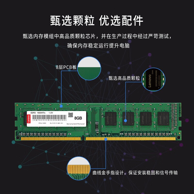 联想(Lenovo)8GB DDR3 1600 台式机内存条 标准电压高清大图
