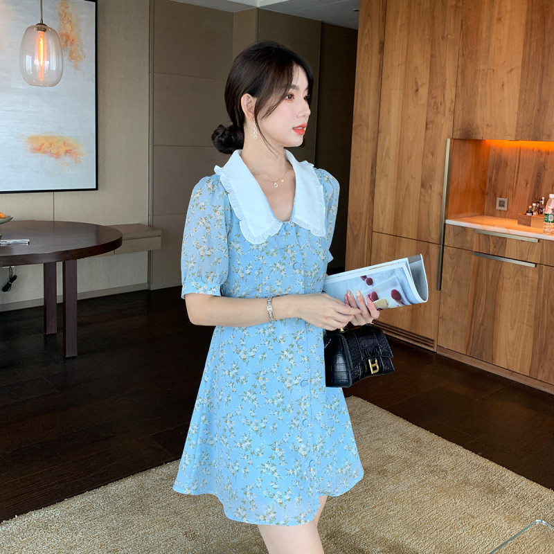 [2.5折价83元]唐狮裙子女夏碎花连衣裙法式翻领甜美泡泡袖小清新短裙潮法式
