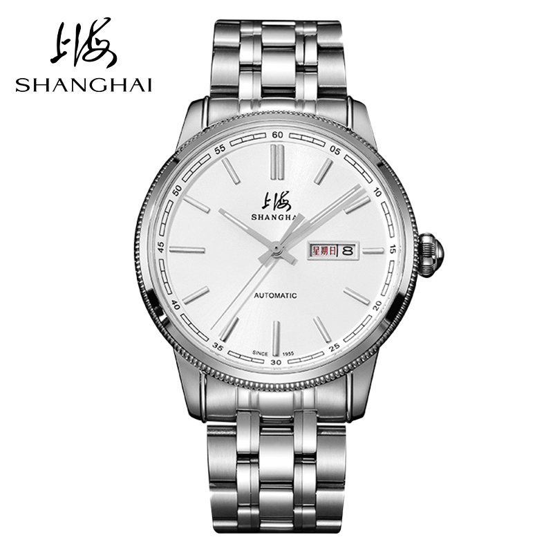 上海牌手表SHANGHAI男机械表全自动精钢钢带商务腕表休闲防水国产手表3019情侣表高清大图
