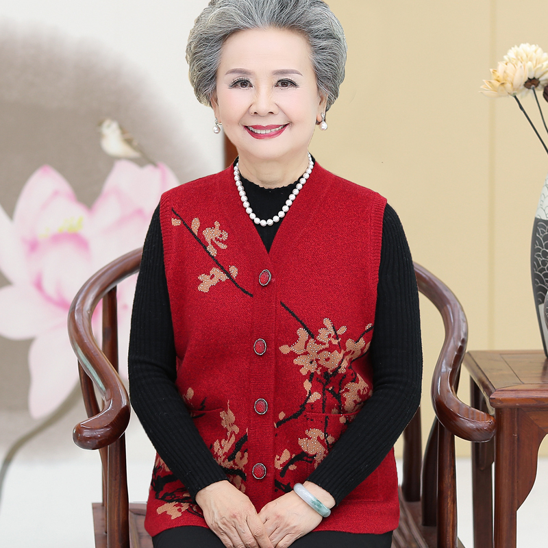 艳如飞中老年人春装背心女老人妈妈马甲毛衣打底衫奶奶太太春秋外穿马夹妈妈装