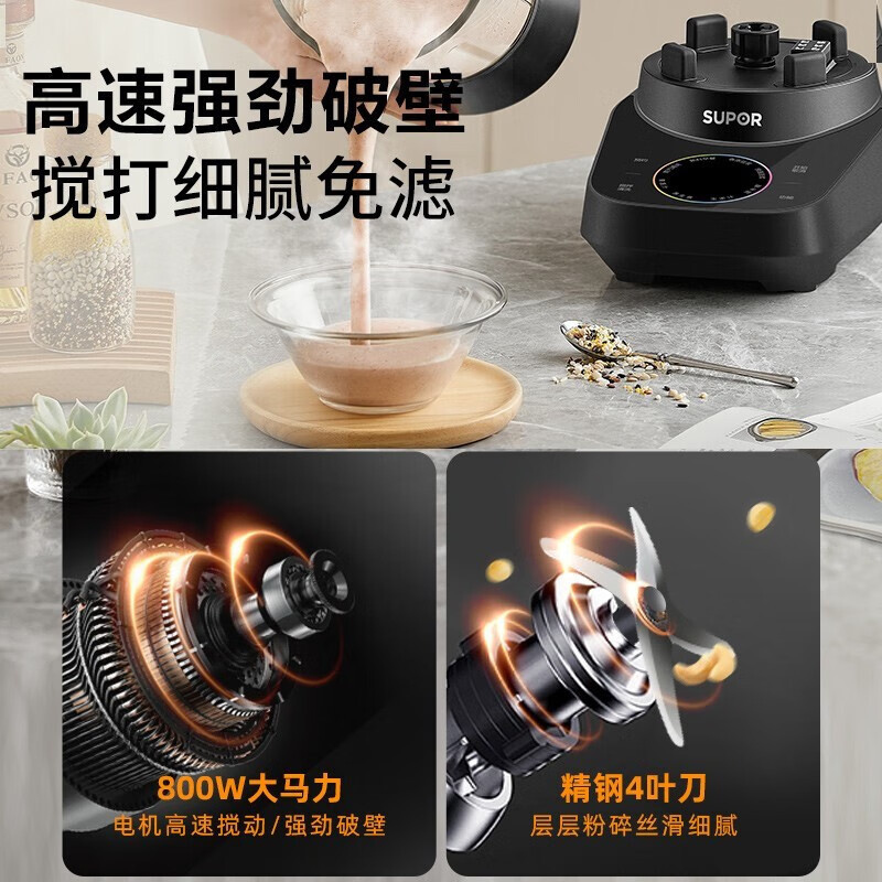 苏泊尔(SUPOR)破壁机 易洁可拆洗系列 家用多功能豆浆机超薄底座降噪榨汁料理辅食机高温蒸汽清洗单杯体SP722R