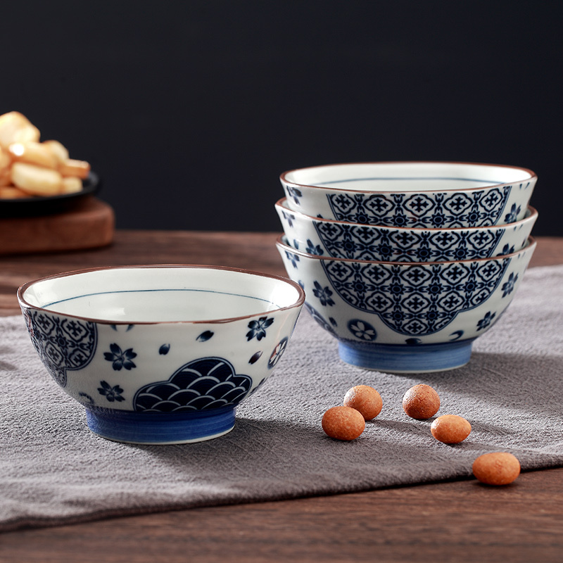 靓佳 花之海釉下彩5英寸八角高脚米饭碗4个装 加厚防烫 碗 饭碗 陶瓷碗 碗盘碟 餐具 汤碗