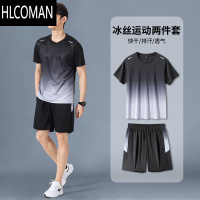 HLCOMAN运动T恤男短袖夏季冰丝速干衣足球衣服篮球羽毛球服训练跑步套衣 M 黑灰套装宽松速干运动