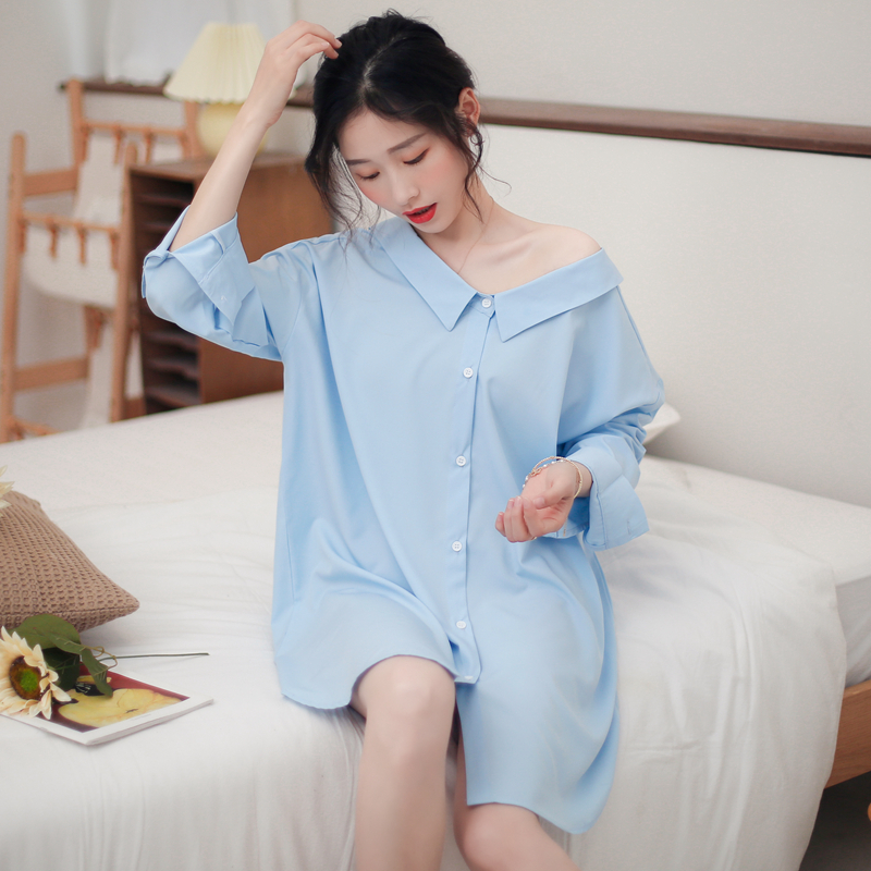 hlcoman性感睡衣女春秋长袖白衬衫睡裙中长款男友风宽松夏季薄款雪纺