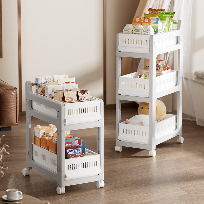 华普思家用夹缝置物架可折叠收纳筐客厅厨房卧室收纳层架简单拆卸小推车灰白撞色36CM面宽2层(客厅、卧室推荐)多层可折叠高清大图