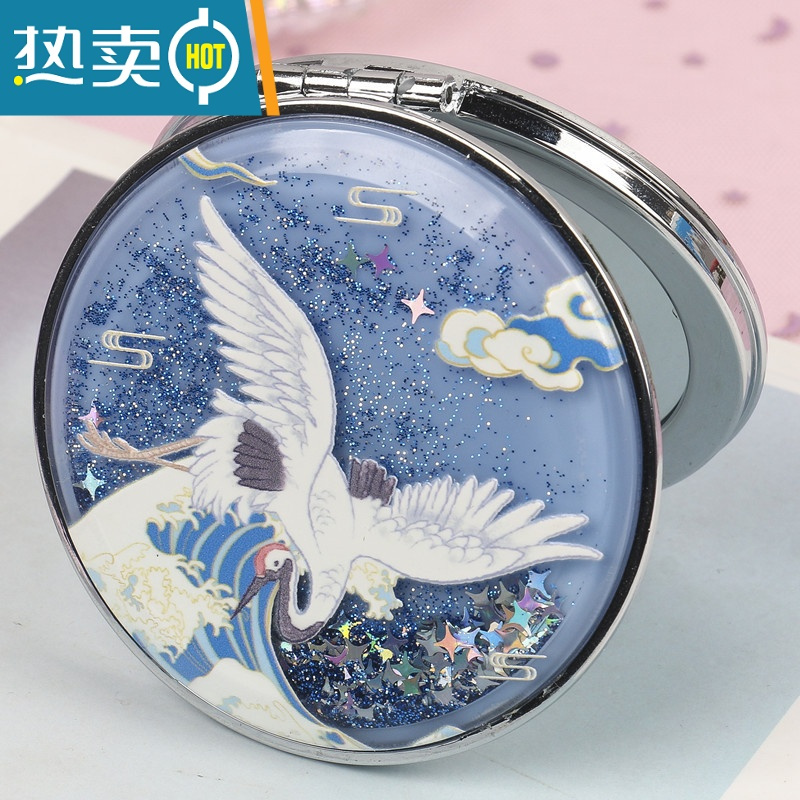 敬平网红创意流沙化妆镜 迷你翻盖随身便携式小镜子可爱少女心双面镜便携式用镜 蓝浪鹤