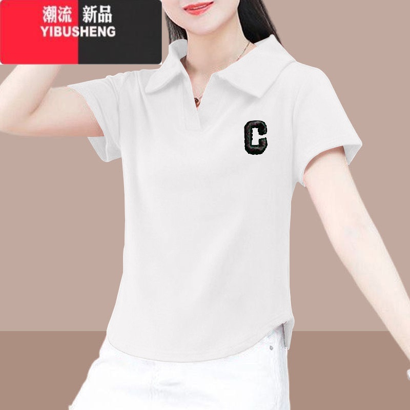 YIBUSHENG短袖t恤女季2024新款修身显瘦不规则小个子短款polo领上衣 白色-大写C L适合95-105斤