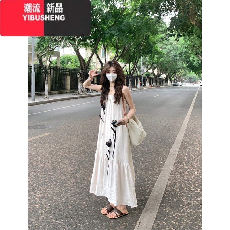 YIBUSHENG立体郁金香吊带连衣裙女季2024新款温柔风宽松显瘦休闲过膝长裙