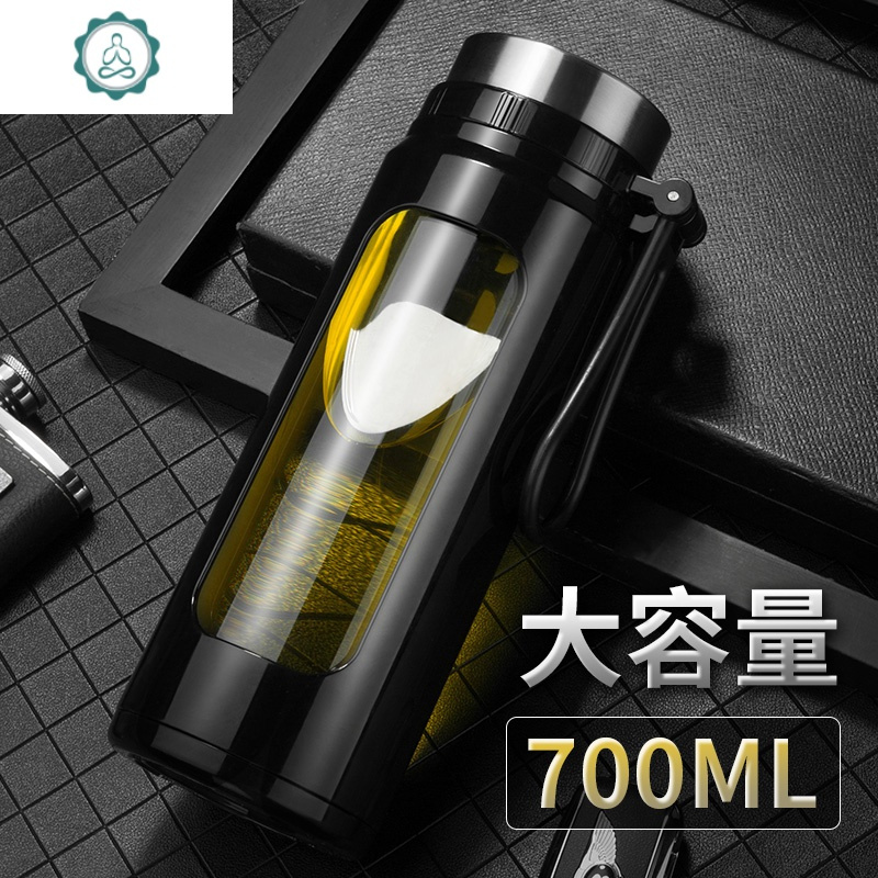 玻璃杯司机车上用喝茶水杯老人中老年人专用泡茶杯子带手提绳便携 封后 棕金色保温杯800mL