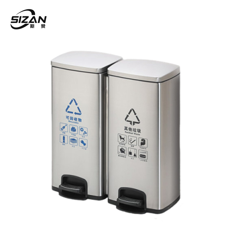 斯赞 不锈钢分类脚踏双桶垃圾桶 60L(30L*2) 个高清大图