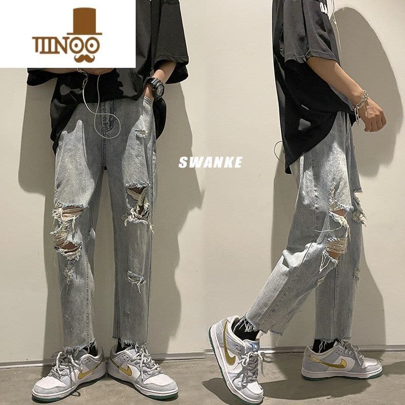 YANXU裤子潮牌男修身乞丐破洞牛仔裤男直筒宽松夏季薄款九分裤百搭男裤图片