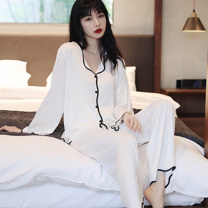 俞兆林2021年新款夏季冰丝睡衣女性感网红雪纺薄款荷叶边长袖家居服套装