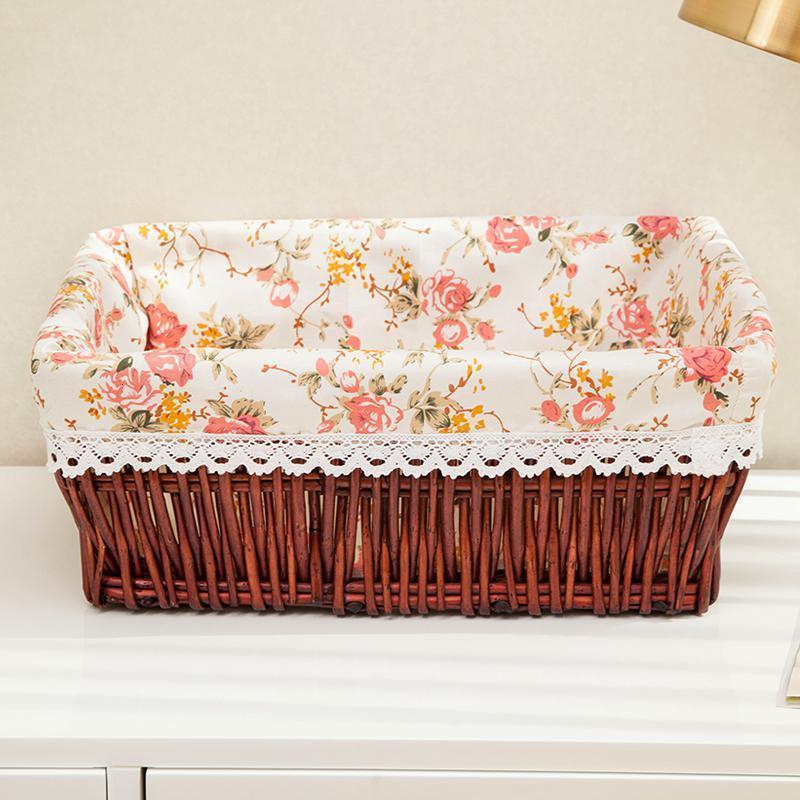 家柏饰(CORATED)收纳筐藤编水果筐柳编篮子零食筐框编织收纳筐布艺收纳篮竹筐藤筐 红棕色+玫瑰内衬大号45X35X18