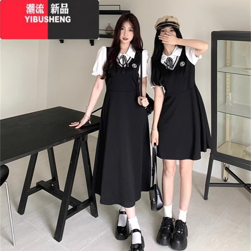 YIBUSHENG法式学院风假两件黑色polo连衣裙子女大码季收腰显瘦气质A字裙
