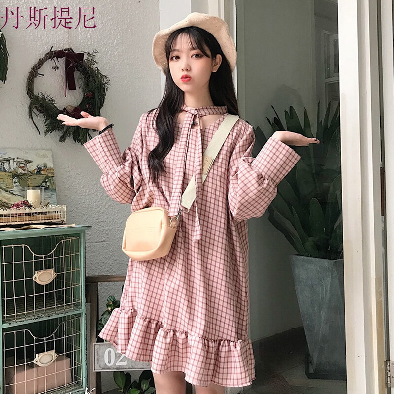 春秋女装韩版宽松显瘦格子绑带灯笼袖中长款长袖连衣裙打底裙长裙