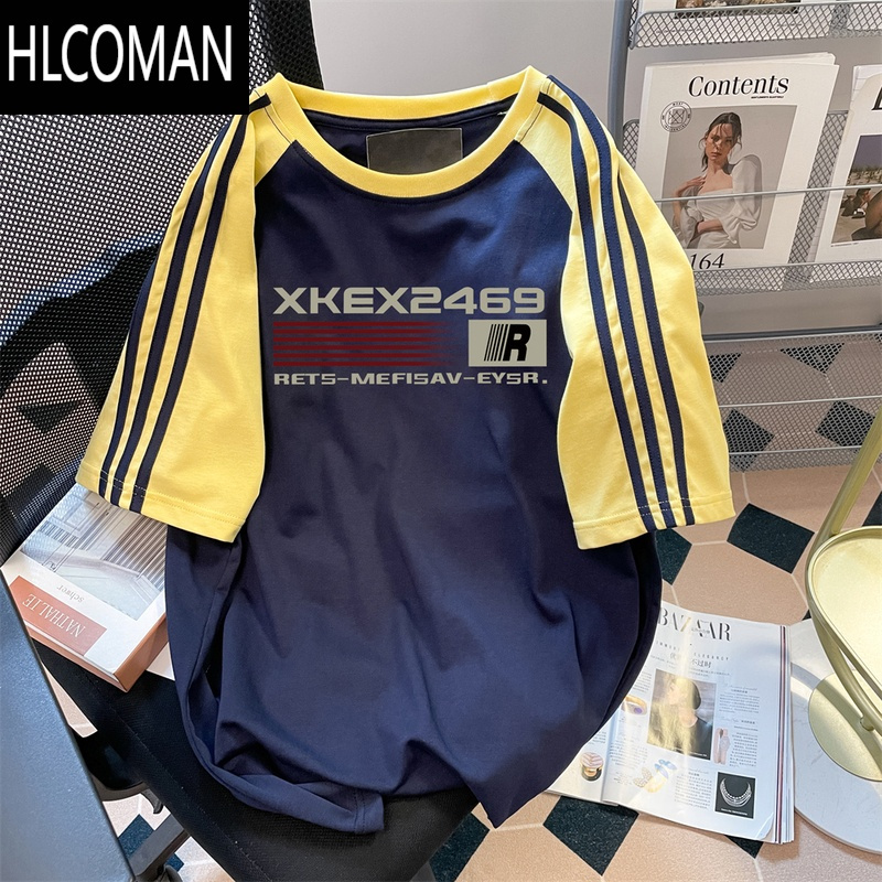 HLCOMAN美式三条杠印花短袖T恤男女夏季潮牌hiphop撞色休闲情侣上衣
