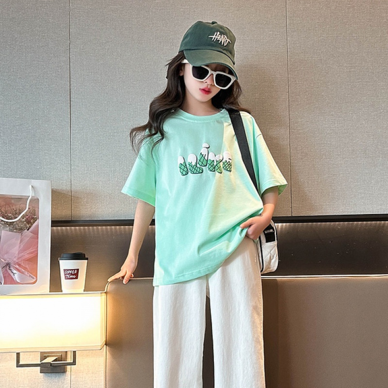 女童短袖夏装T恤夏季新款儿童半袖t女中大童装宽松上衣洋气潮 TT59蓝色一宽松升级版 130（建议身高130CM左右）