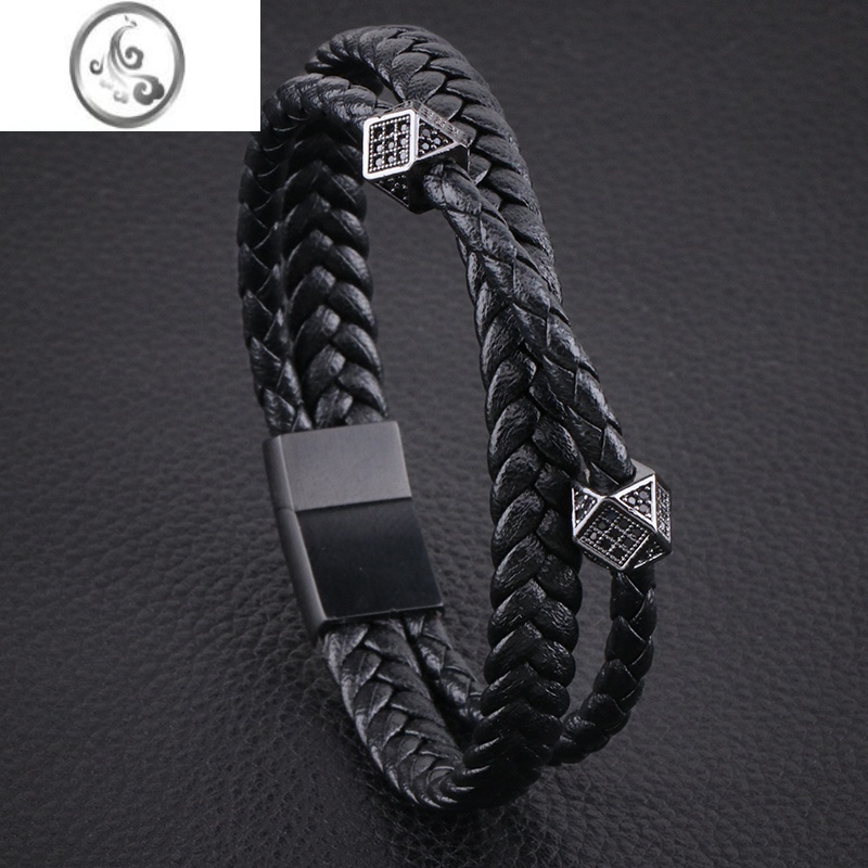 JiMi网红小众ins风菱形镶钻锆石珠皮绳手链男生土酷帅气手绳黑色