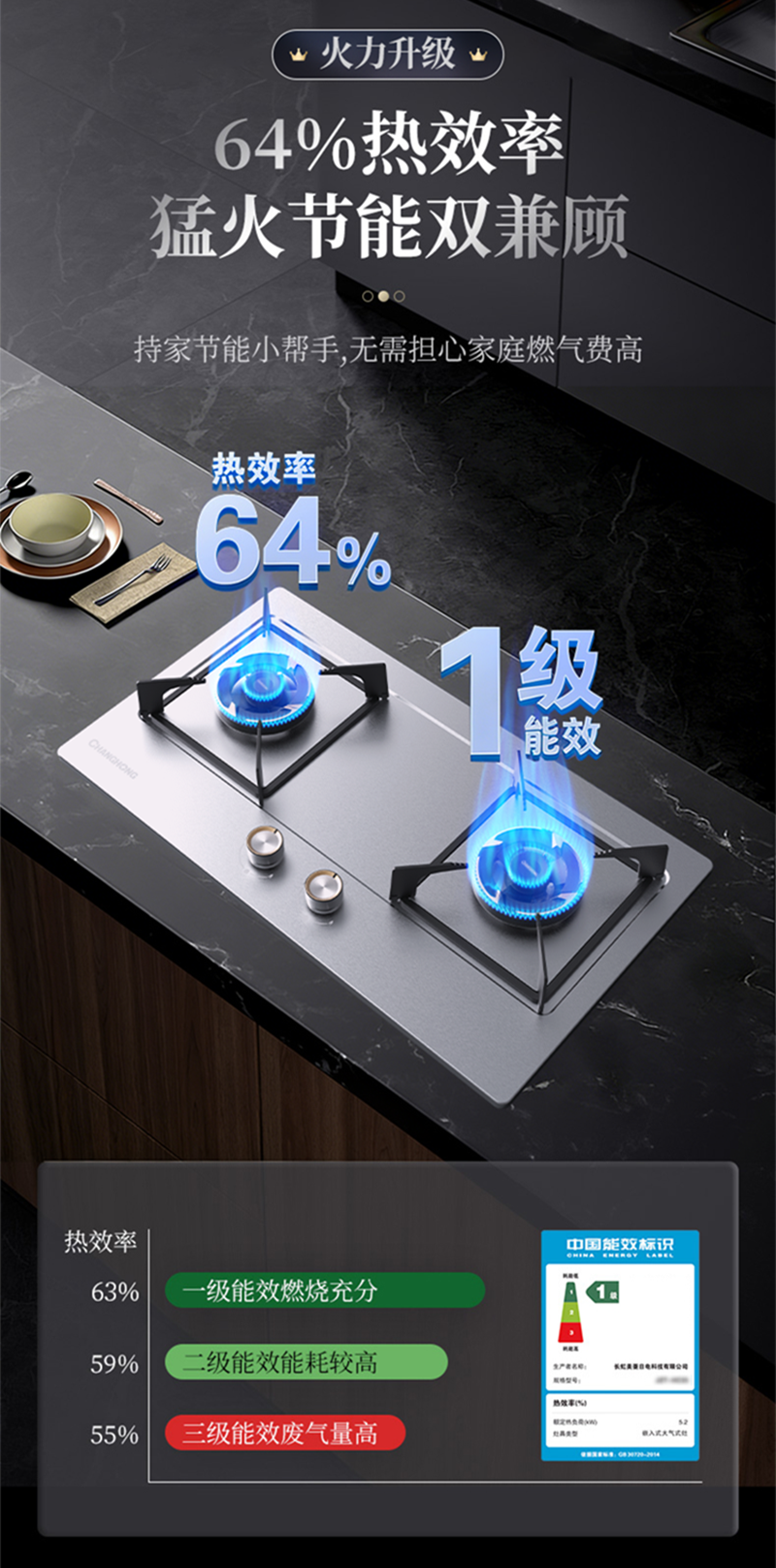 长虹(CHANGHONG) 5.0kW猛火 一级能效 铜火盖 全进风燃烧系统 不锈钢面板 液化气灶具JZY-G256高清大图